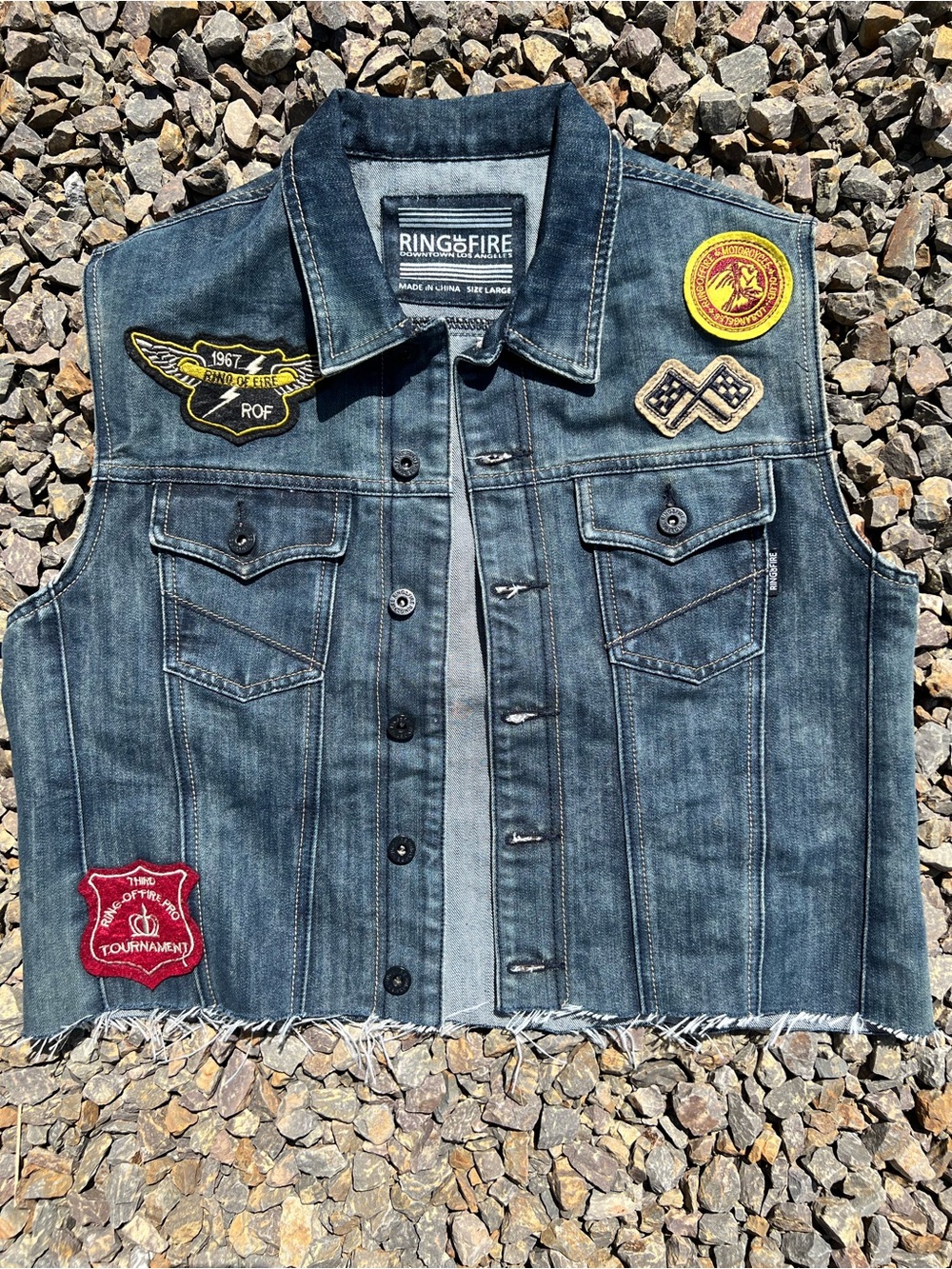 Ring of Fire Denim Vest with patches Men’s Size L